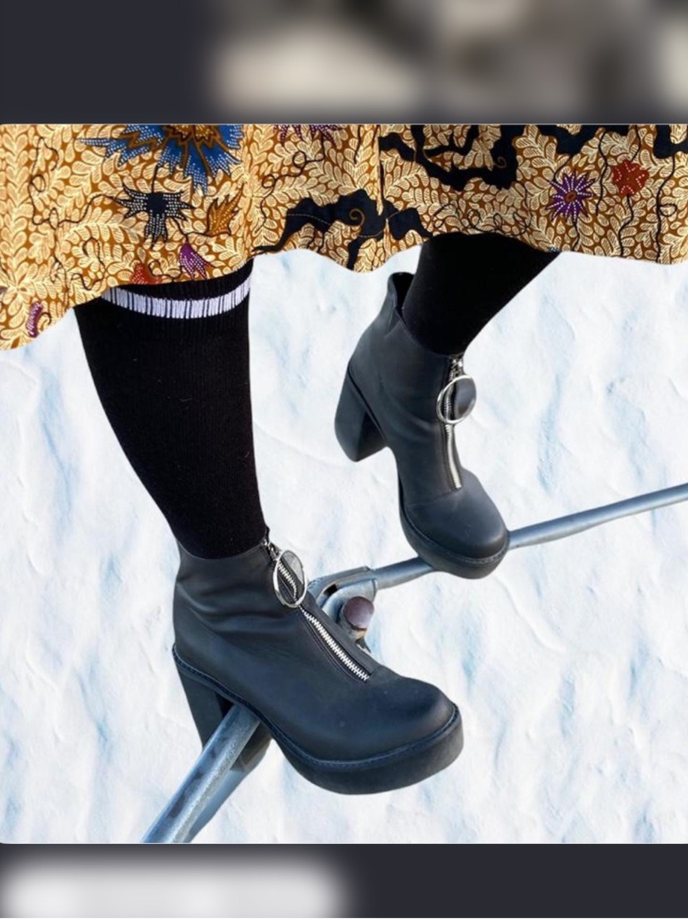 Black Leather Platform Boots with O-Ring Zipper